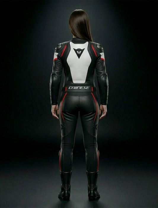 DAINESE WOMEN MOTORCYCLE PERFORATED LEATHER SUIT BLACK WHITE RED